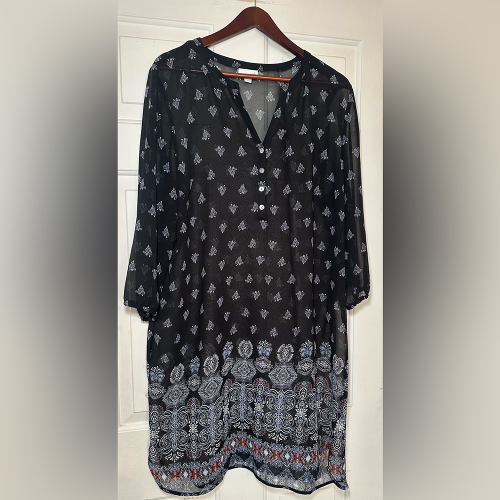 J Jill Black Mixed Print 3/4 Sleeve V-Neck‎ Henley Sheer Cover-Up Dress Size L.